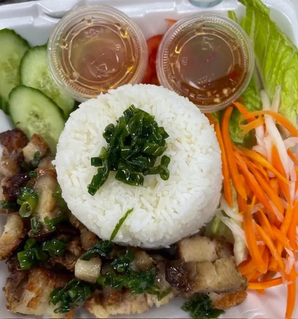Rice plate with grilled pork and pickled vegetables